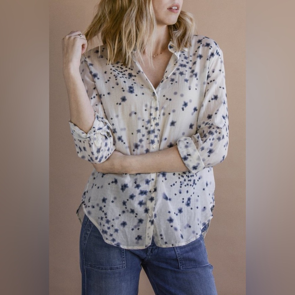 Xirena Beau Hydra Star Print Button Down Shirt White Blue Women’s Size S